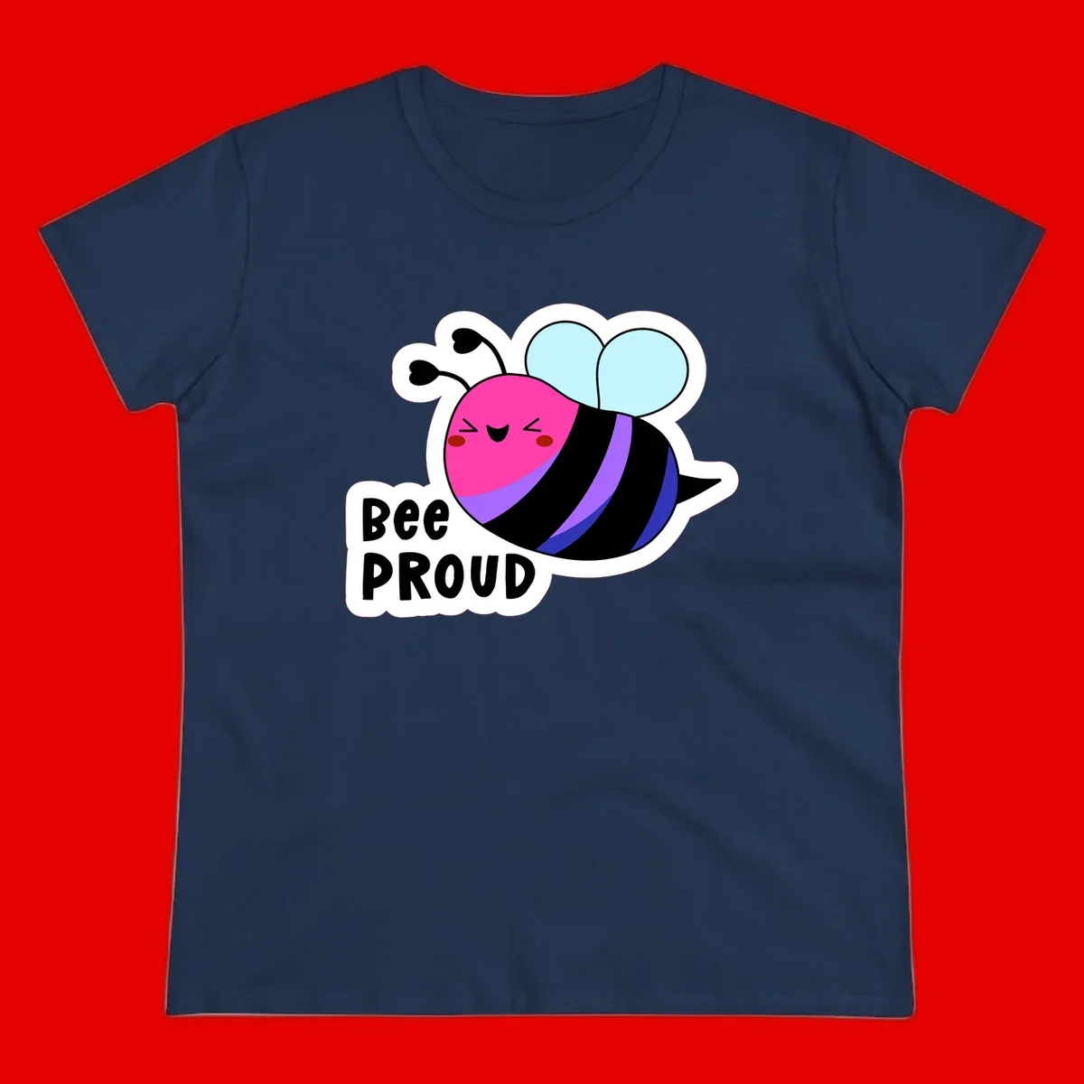 Colorful cartoon bee with pink head, rainbow-striped body, light blue wings, smiling face, and 'BEE PROUD' text