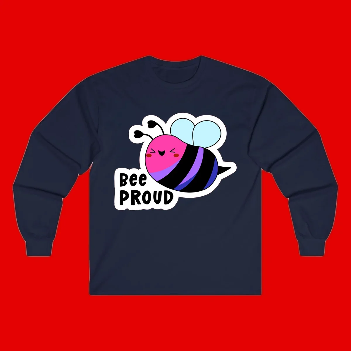 Colorful cartoon bee with pink head, rainbow-striped body, light blue wings, smiling face, and 'BEE PROUD' text