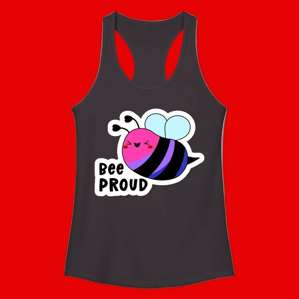 Colorful cartoon bee with pink head, rainbow-striped body, light blue wings, smiling face, and 'BEE PROUD' text