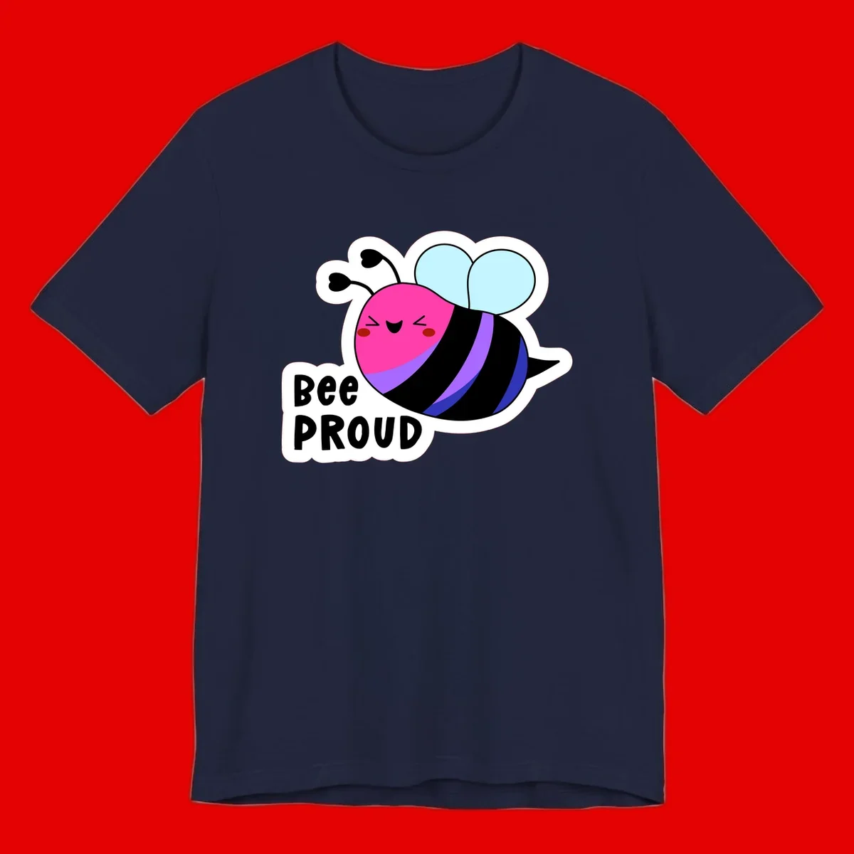 Colorful cartoon bee with pink head, rainbow-striped body, light blue wings, smiling face, and 'BEE PROUD' text