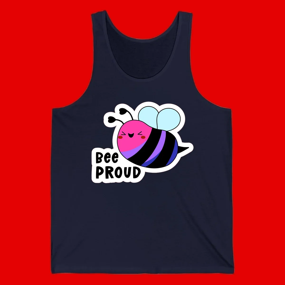 Colorful cartoon bee with pink head, rainbow-striped body, light blue wings, smiling face, and 'BEE PROUD' text