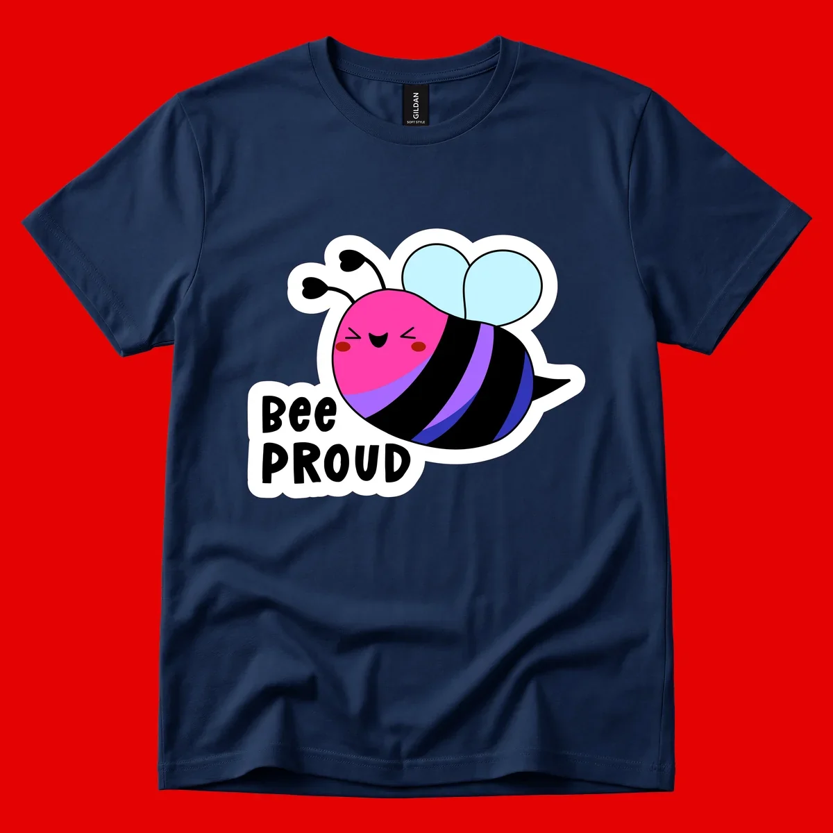 Colorful cartoon bee with pink head, rainbow-striped body, light blue wings, smiling face, and 'BEE PROUD' text
