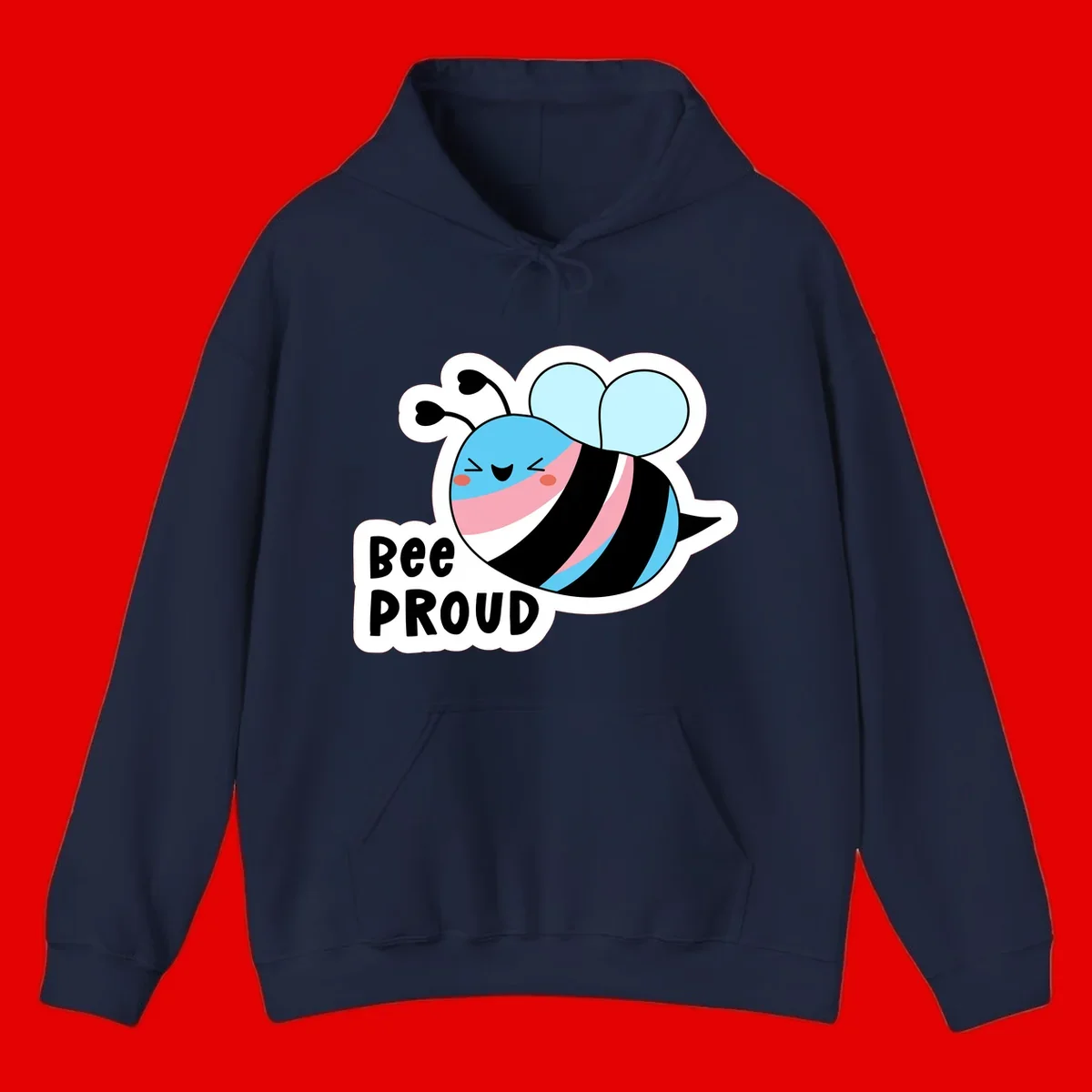 Smiling cartoon bee with blue head, pink mouth, striped body, and light blue wings next to 'Bee Proud' text