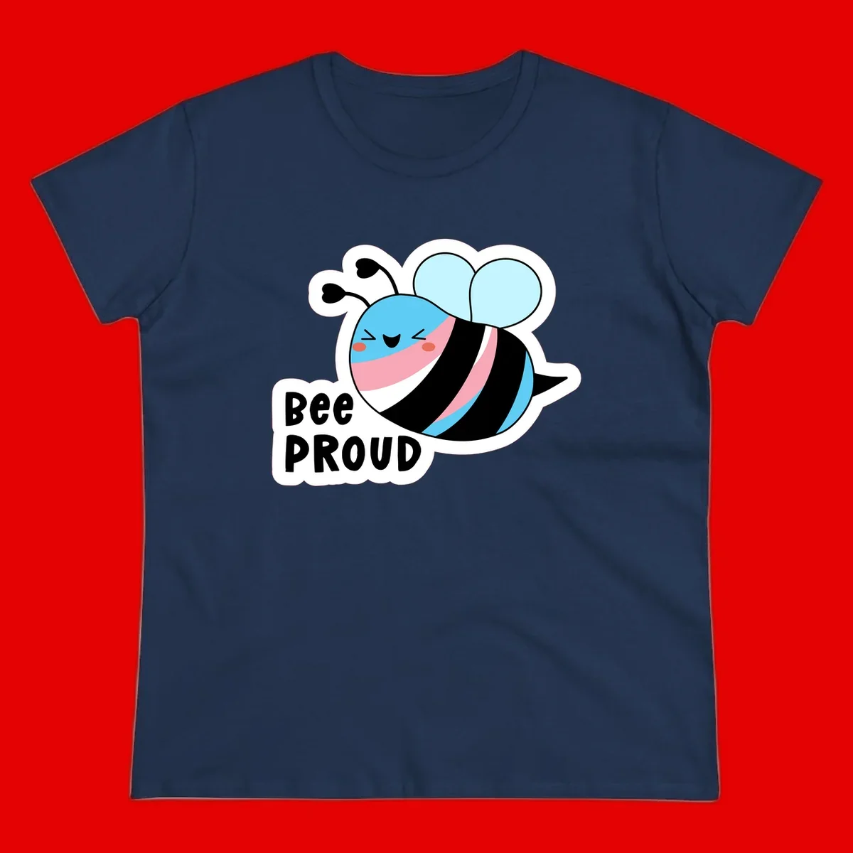 Smiling cartoon bee with blue head, pink mouth, striped body, and light blue wings next to 'Bee Proud' text