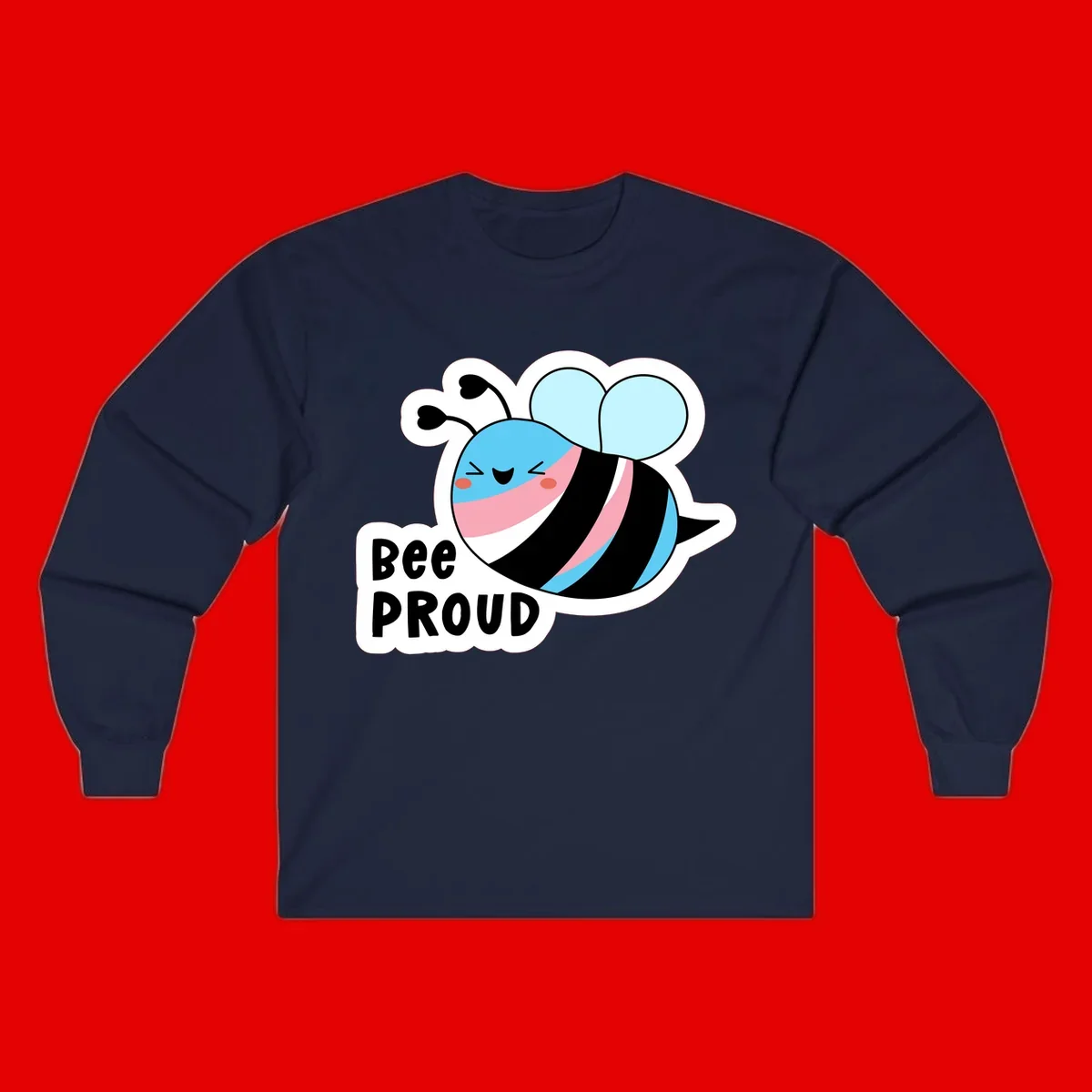 Smiling cartoon bee with blue head, pink mouth, striped body, and light blue wings next to 'Bee Proud' text