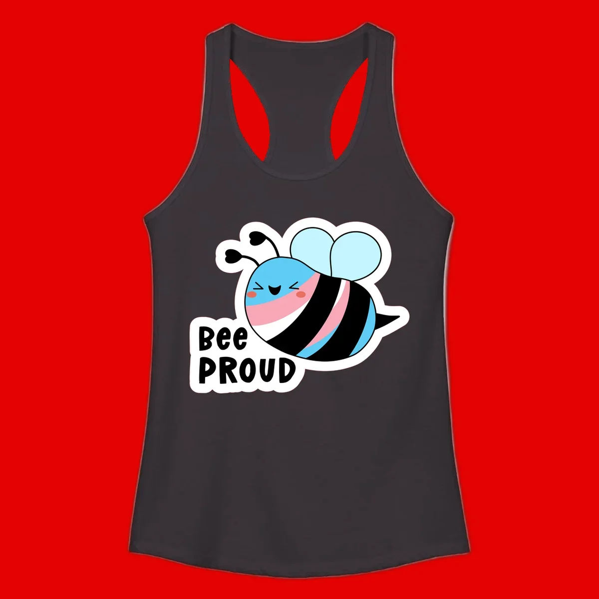 Smiling cartoon bee with blue head, pink mouth, striped body, and light blue wings next to 'Bee Proud' text