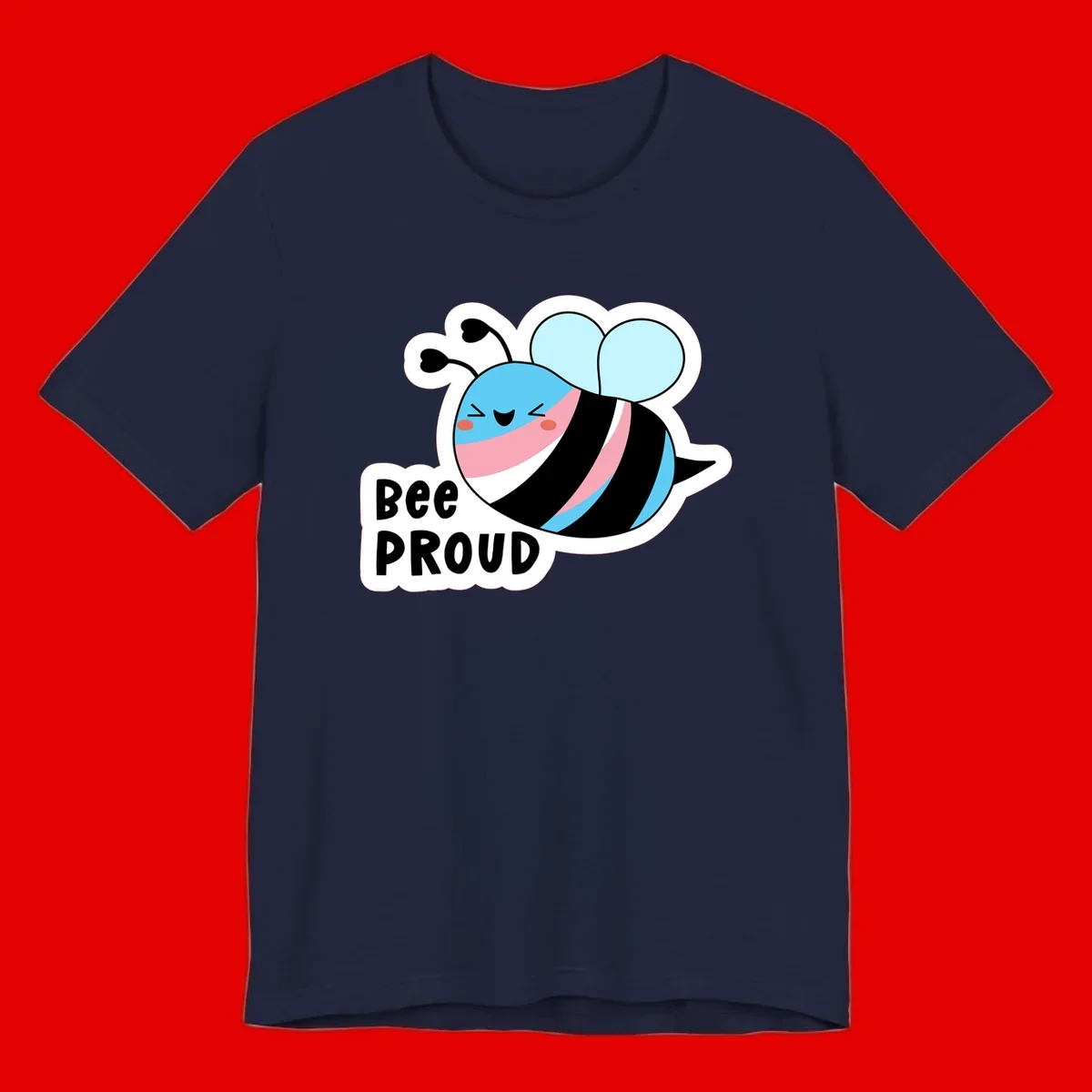Smiling cartoon bee with blue head, pink mouth, striped body, and light blue wings next to 'Bee Proud' text
