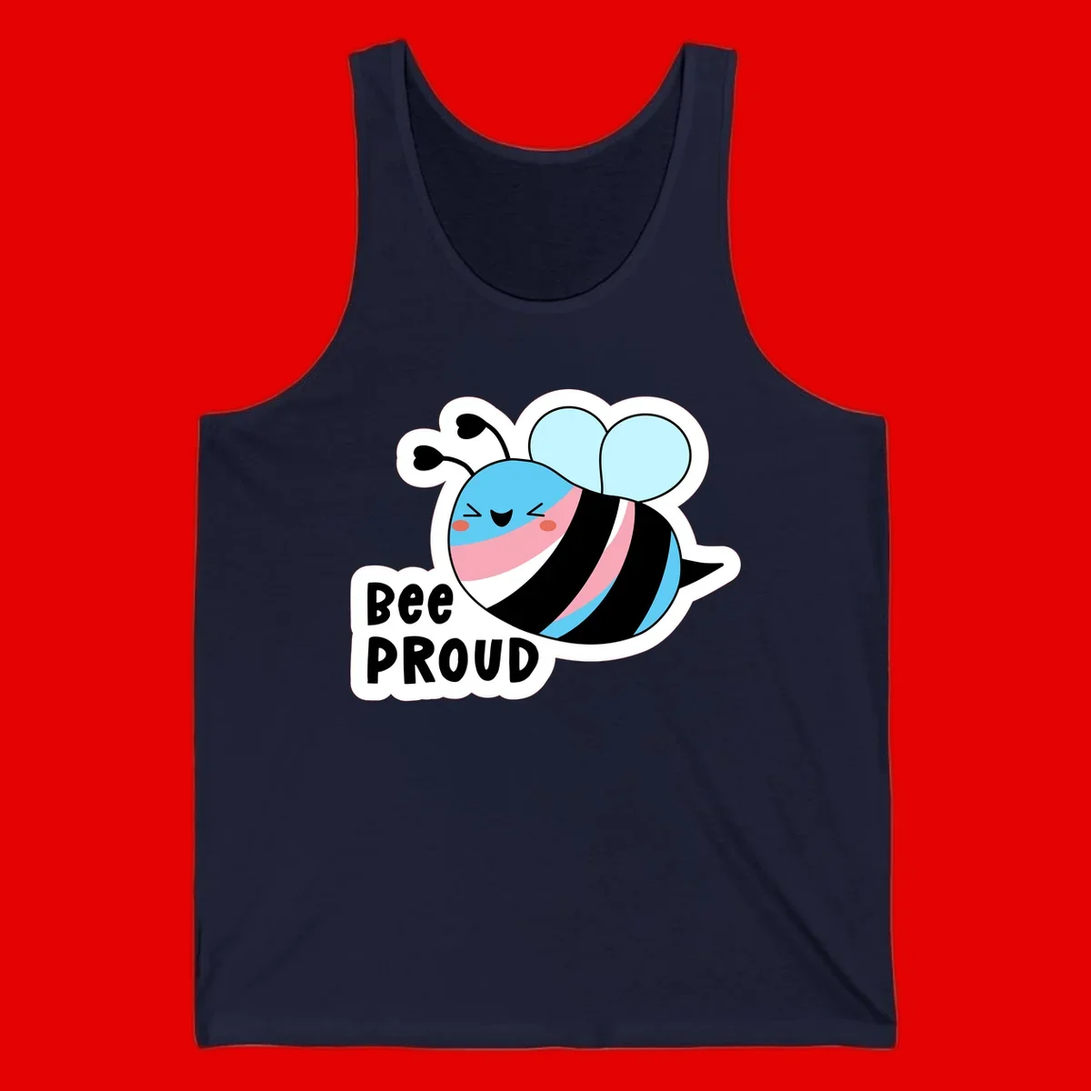 Smiling cartoon bee with blue head, pink mouth, striped body, and light blue wings next to 'Bee Proud' text