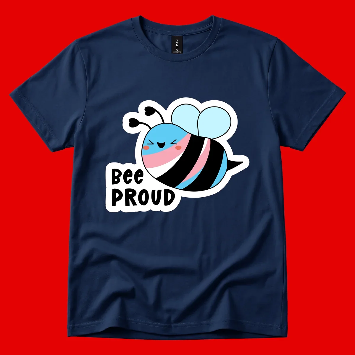 Smiling cartoon bee with blue head, pink mouth, striped body, and light blue wings next to 'Bee Proud' text