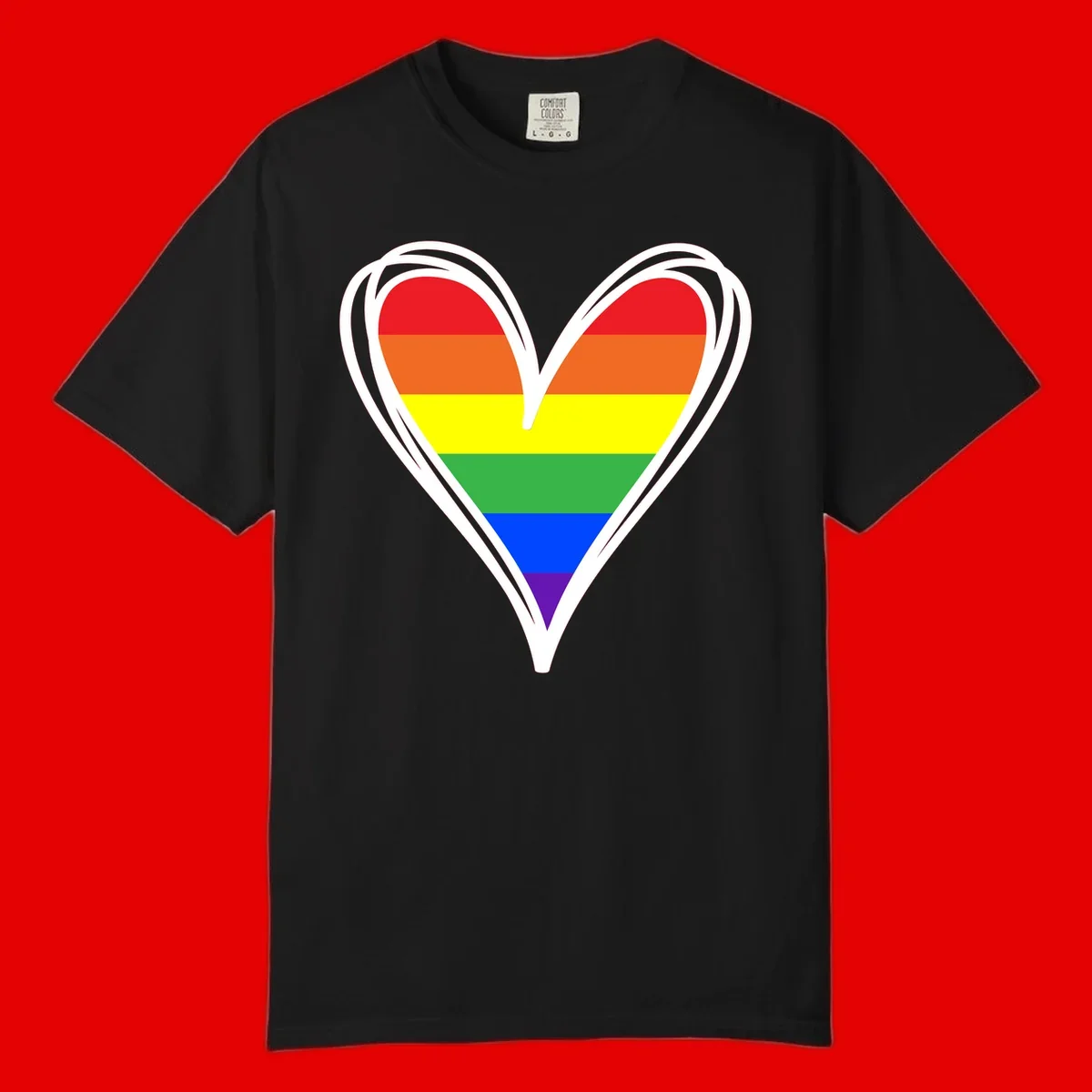 Rainbow heart pride design with horizontal stripes in red, orange, yellow, green, blue, and purple colors outlined in white