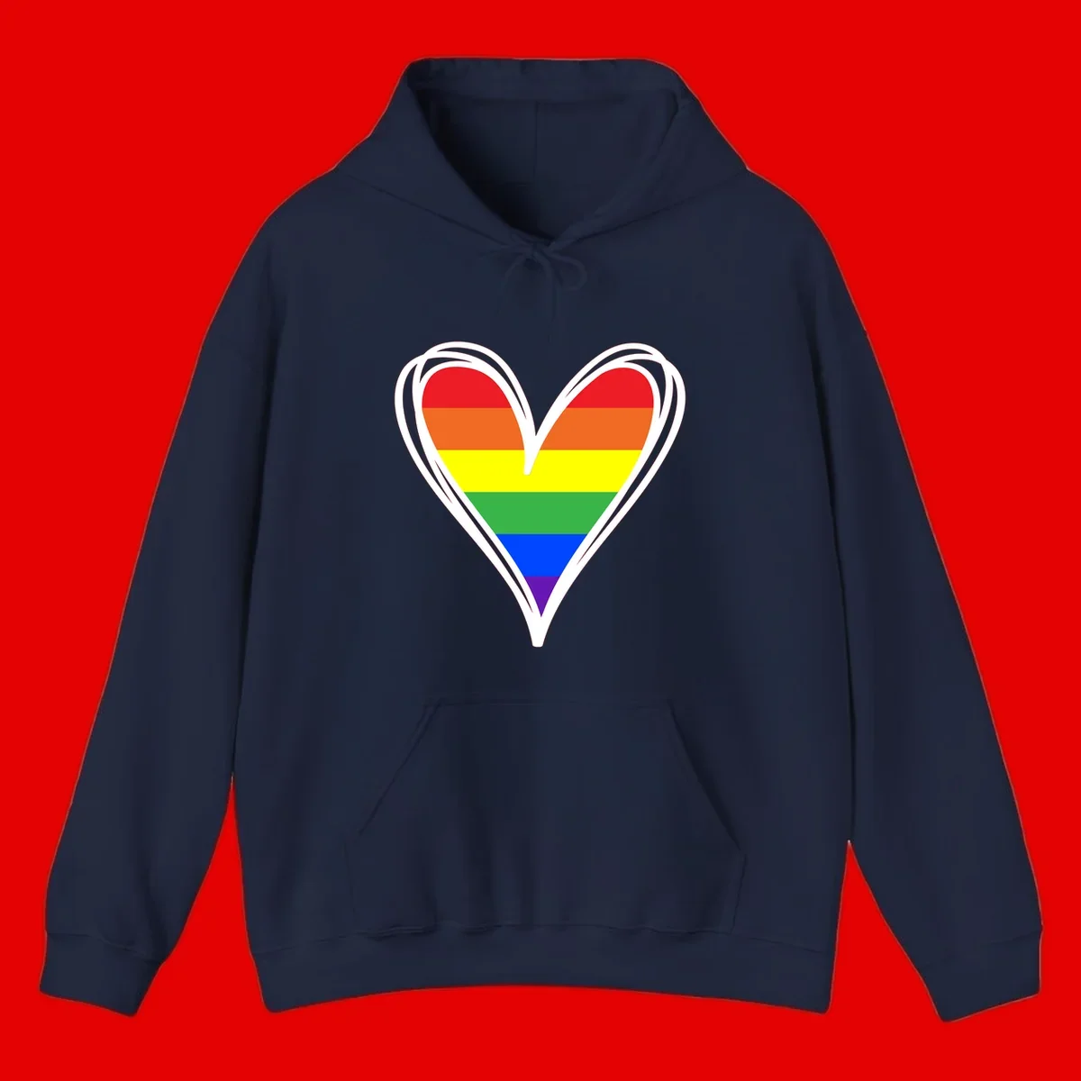Rainbow heart pride design with horizontal stripes in red, orange, yellow, green, blue, and purple colors outlined in white
