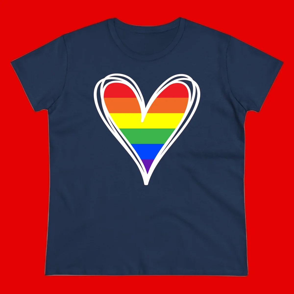 Rainbow heart pride design with horizontal stripes in red, orange, yellow, green, blue, and purple colors outlined in white