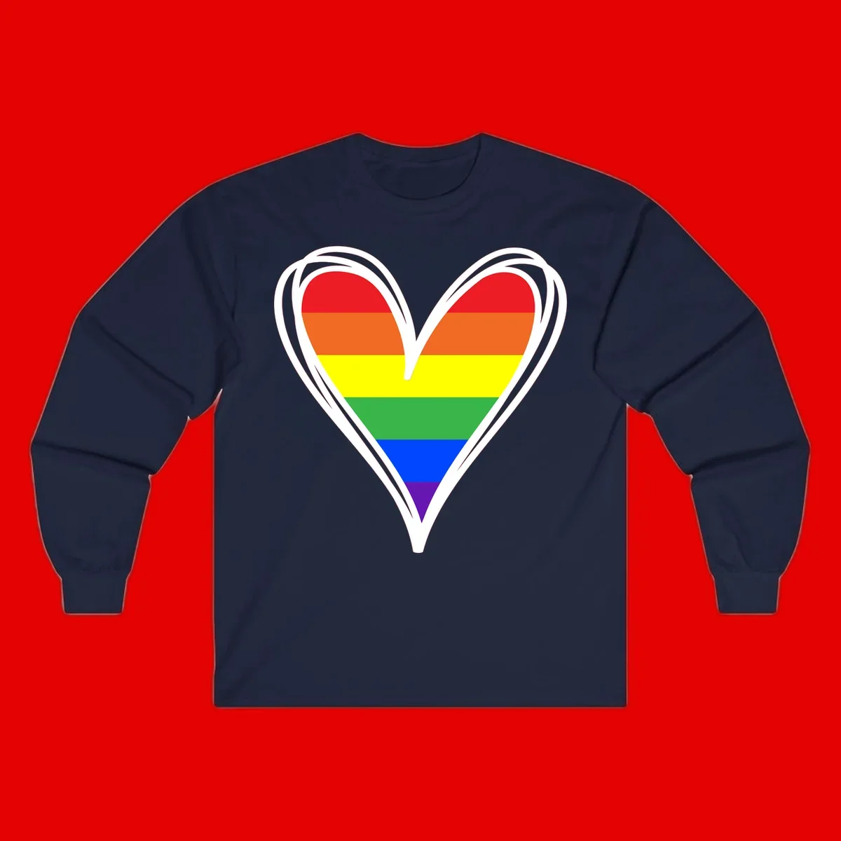 Rainbow heart pride design with horizontal stripes in red, orange, yellow, green, blue, and purple colors outlined in white