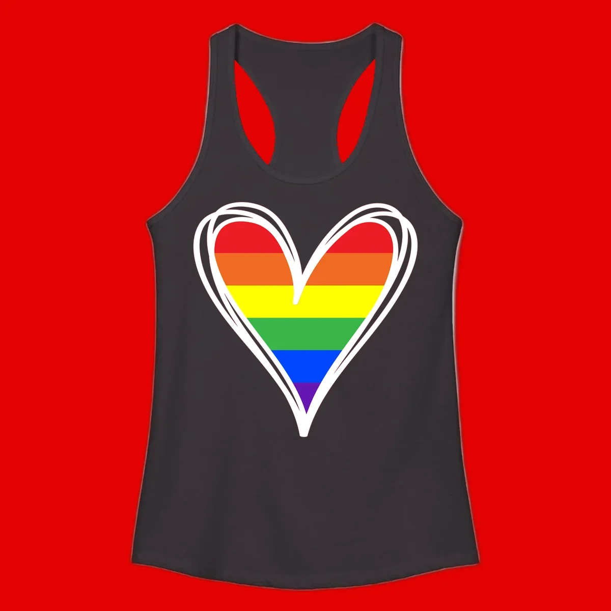 Rainbow heart pride design with horizontal stripes in red, orange, yellow, green, blue, and purple colors outlined in white