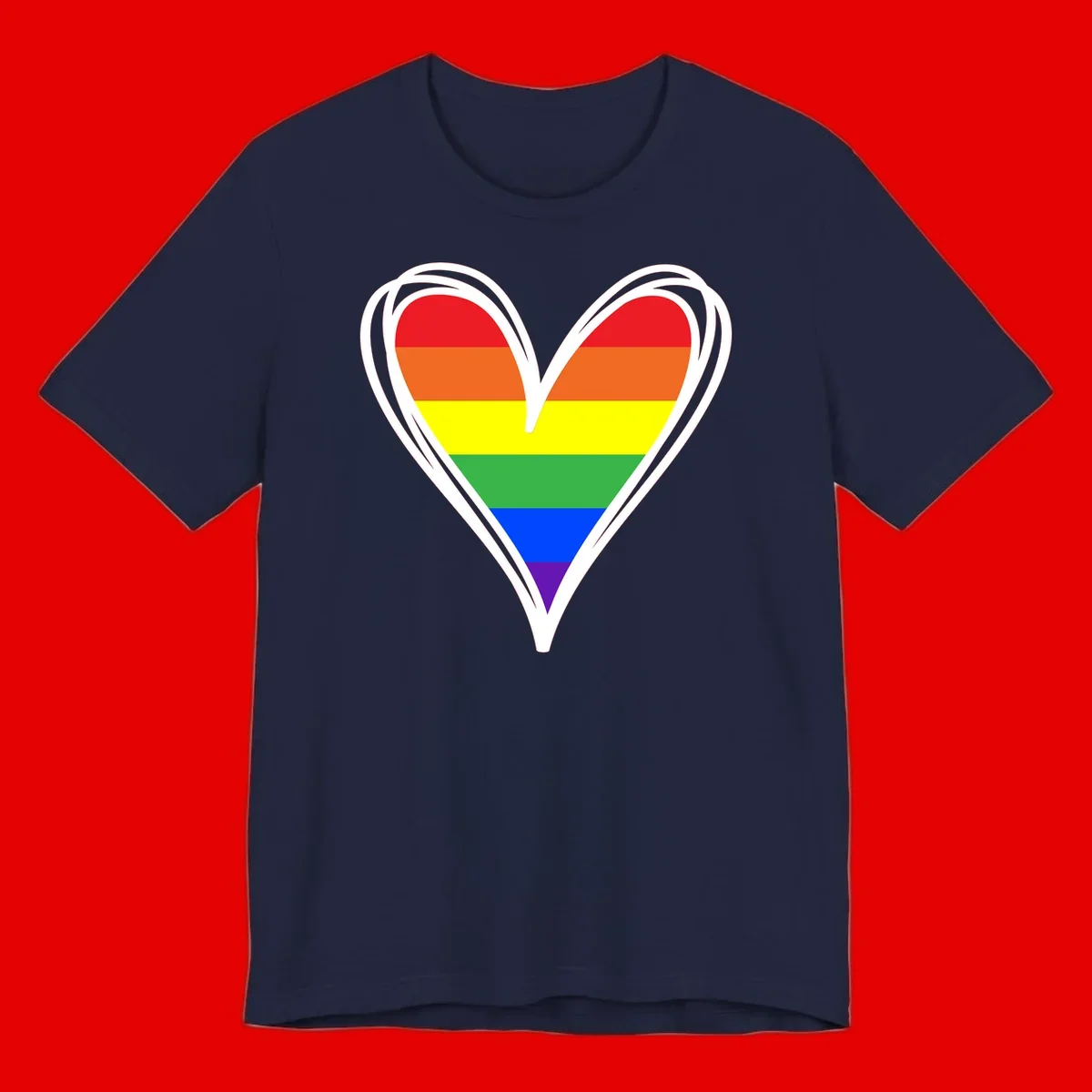 Rainbow heart pride design with horizontal stripes in red, orange, yellow, green, blue, and purple colors outlined in white