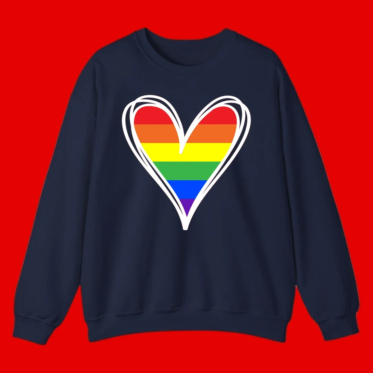 Rainbow heart pride design with horizontal stripes in red, orange, yellow, green, blue, and purple colors outlined in white
