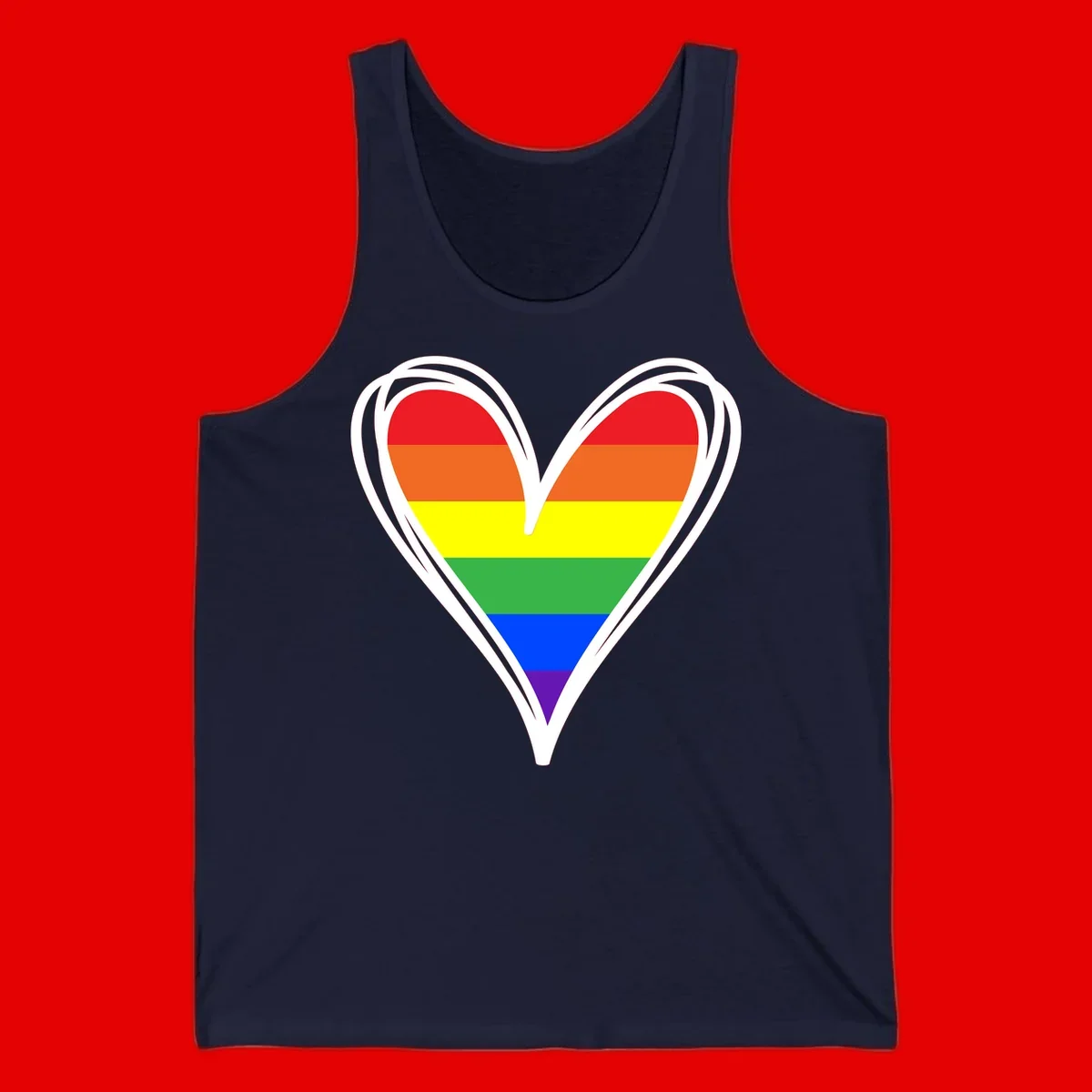 Rainbow heart pride design with horizontal stripes in red, orange, yellow, green, blue, and purple colors outlined in white
