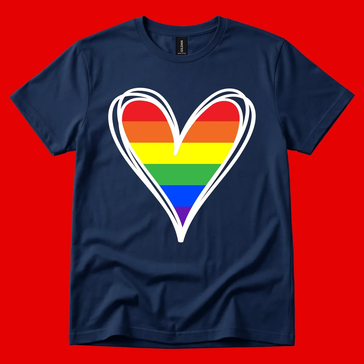 Rainbow heart pride design with horizontal stripes in red, orange, yellow, green, blue, and purple colors outlined in white