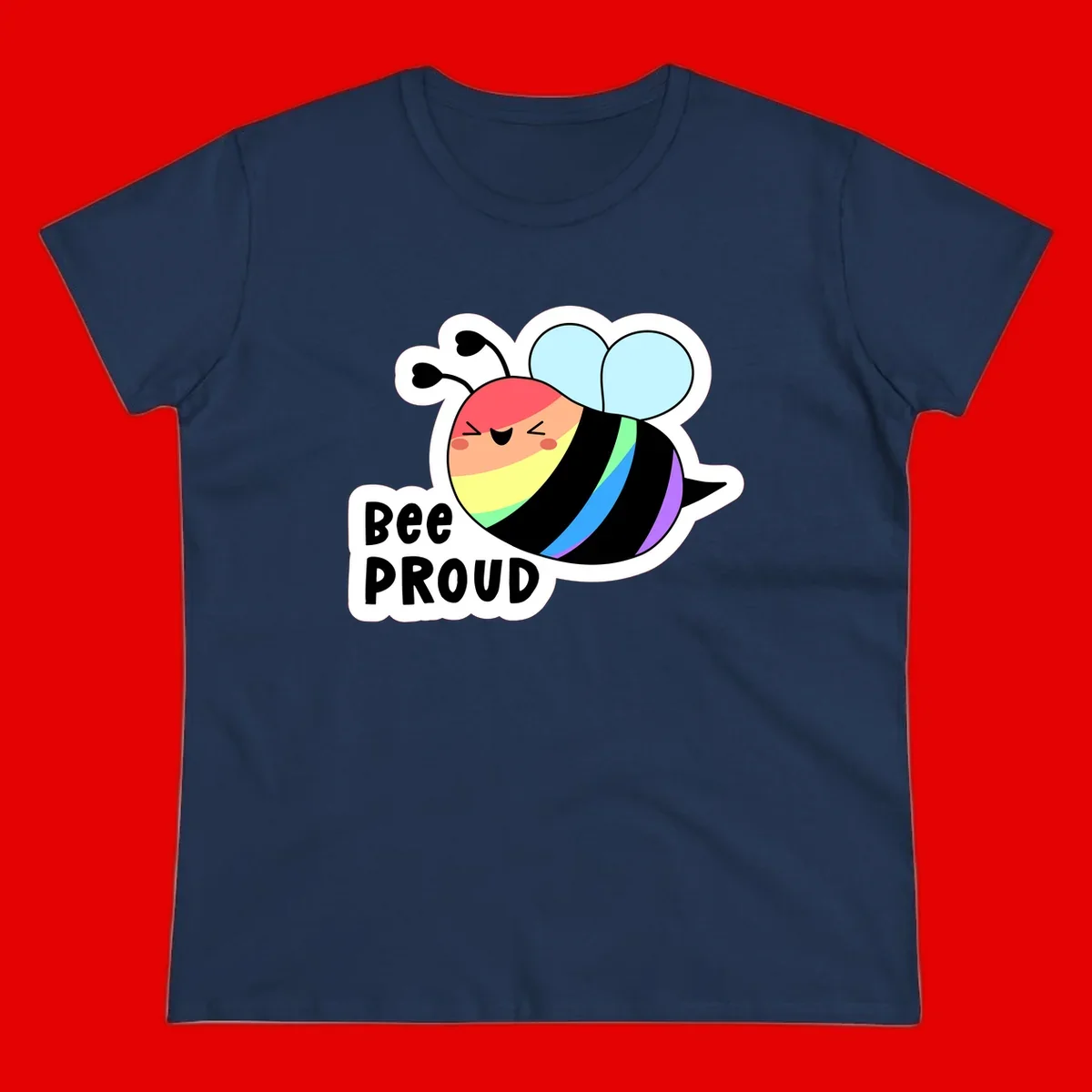 Cartoon bee with rainbow stripes and 'Bee PROUD' text celebrating LGBTQ+ pride