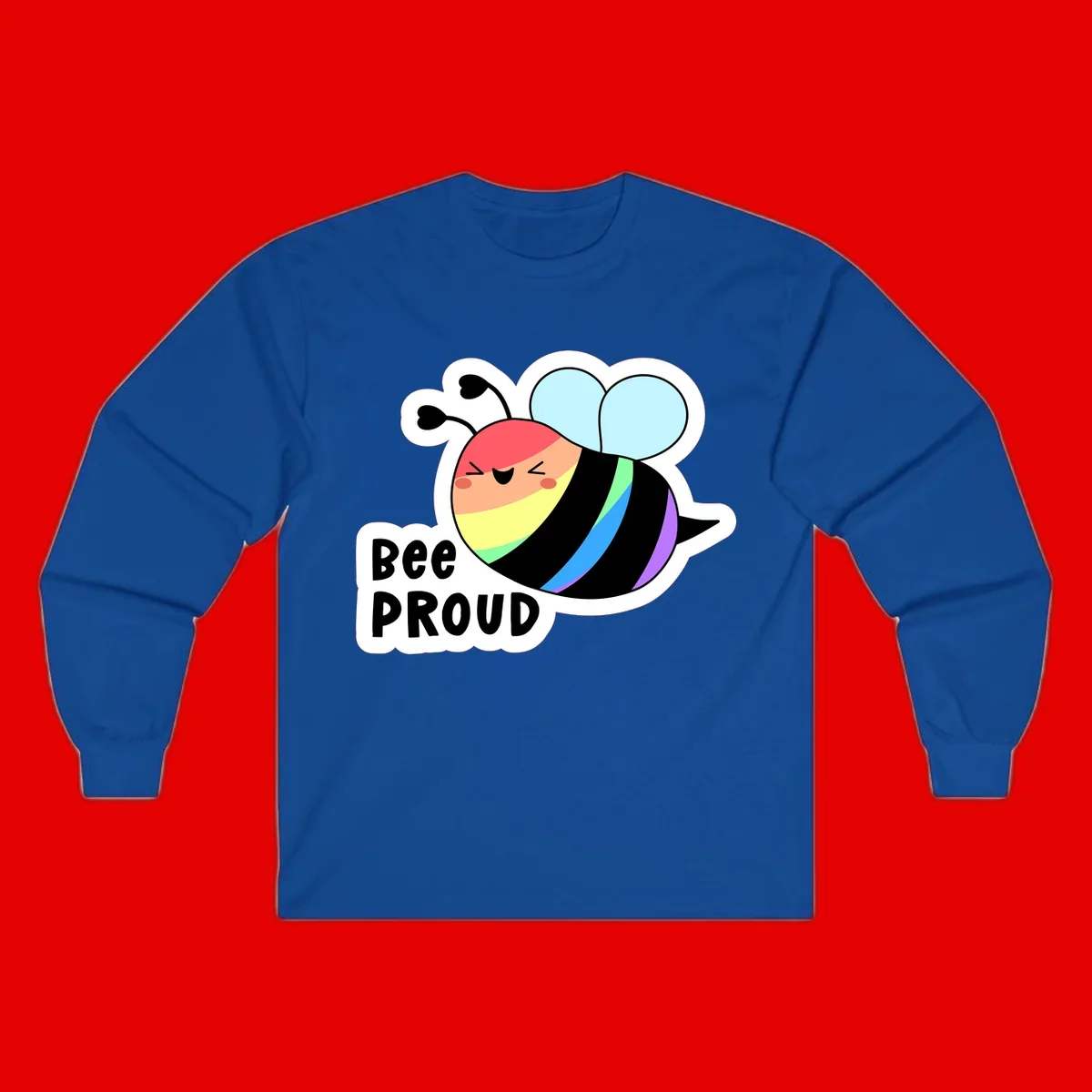 Cartoon bee with rainbow stripes and 'Bee PROUD' text celebrating LGBTQ+ pride