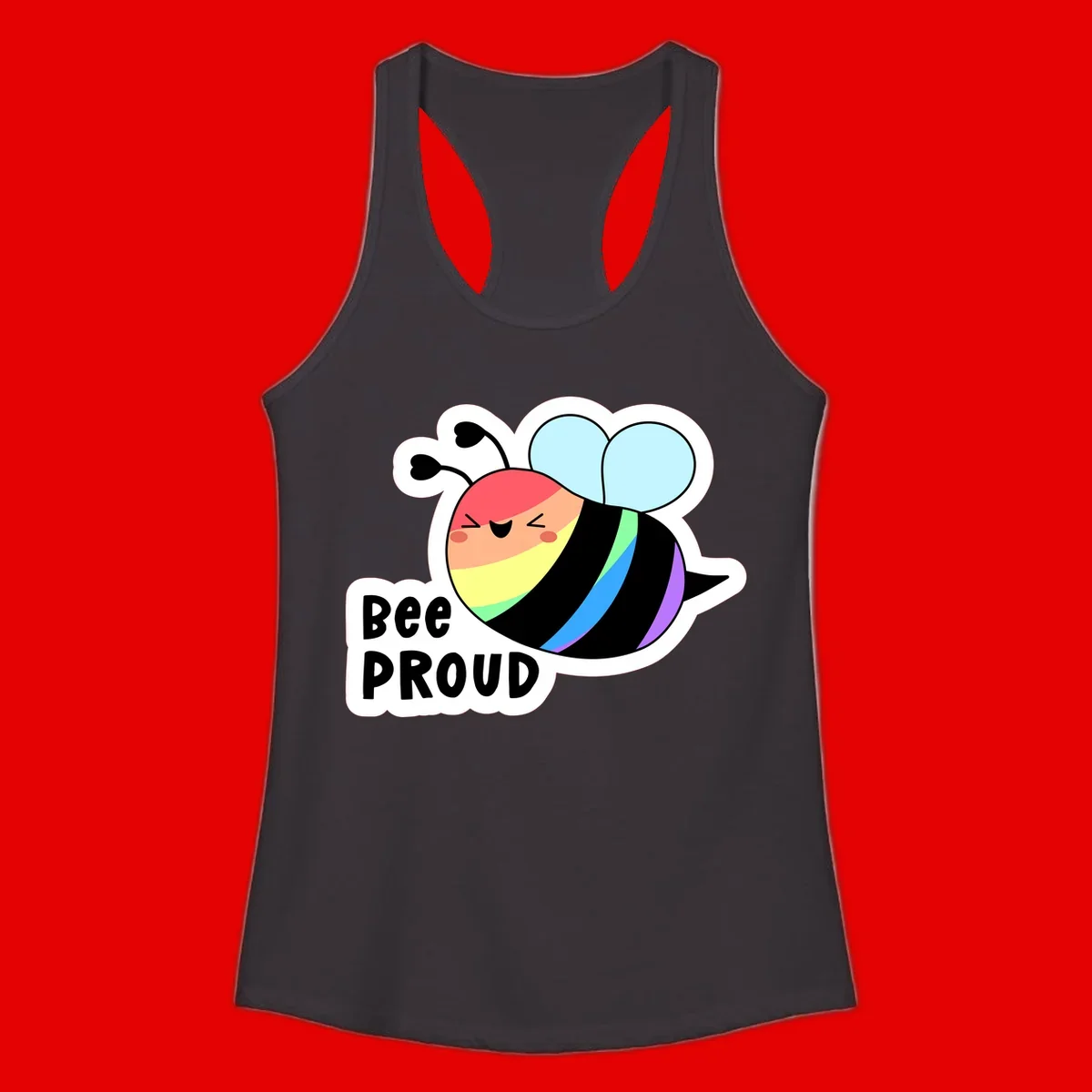 Cartoon bee with rainbow stripes and 'Bee PROUD' text celebrating LGBTQ+ pride