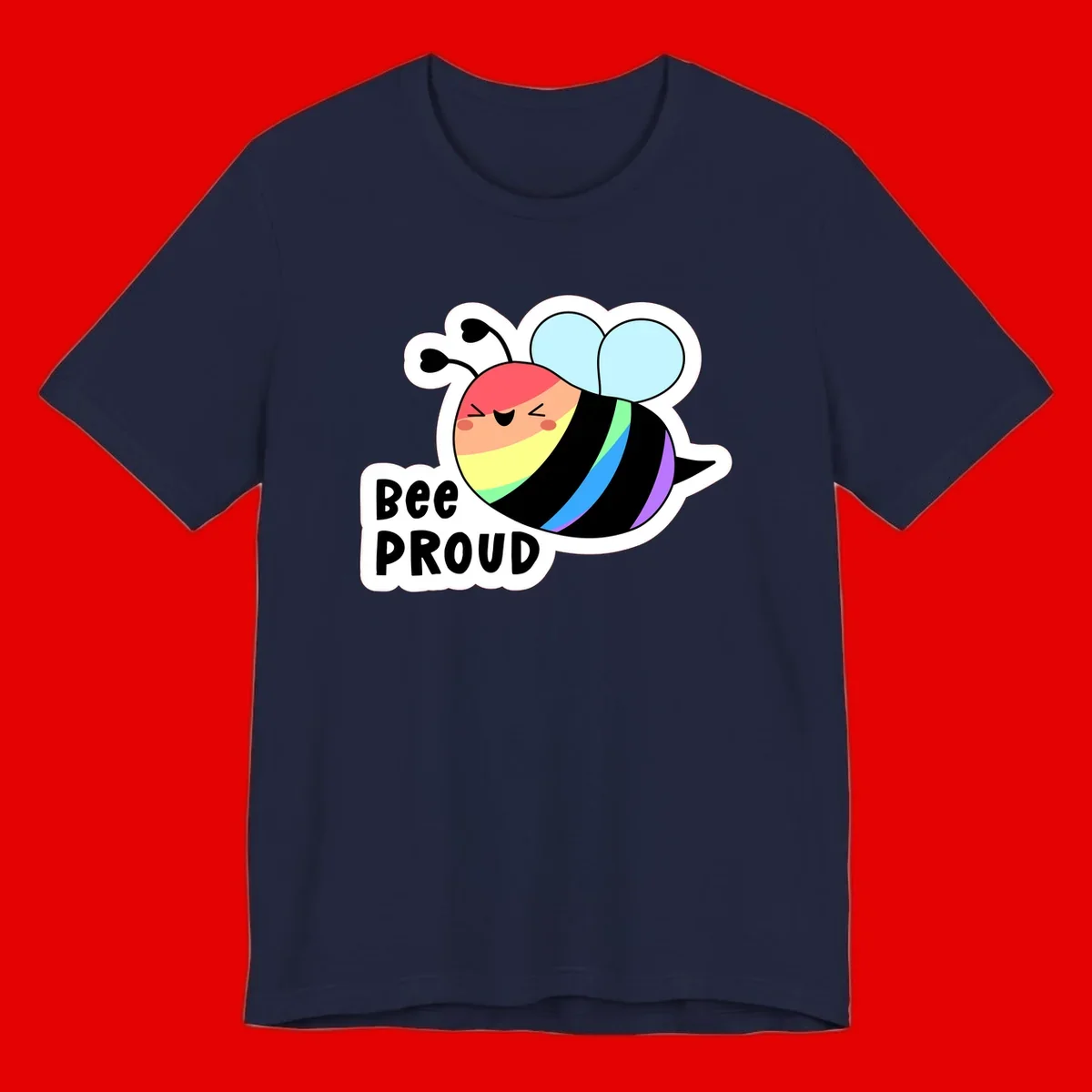 Cartoon bee with rainbow stripes and 'Bee PROUD' text celebrating LGBTQ+ pride