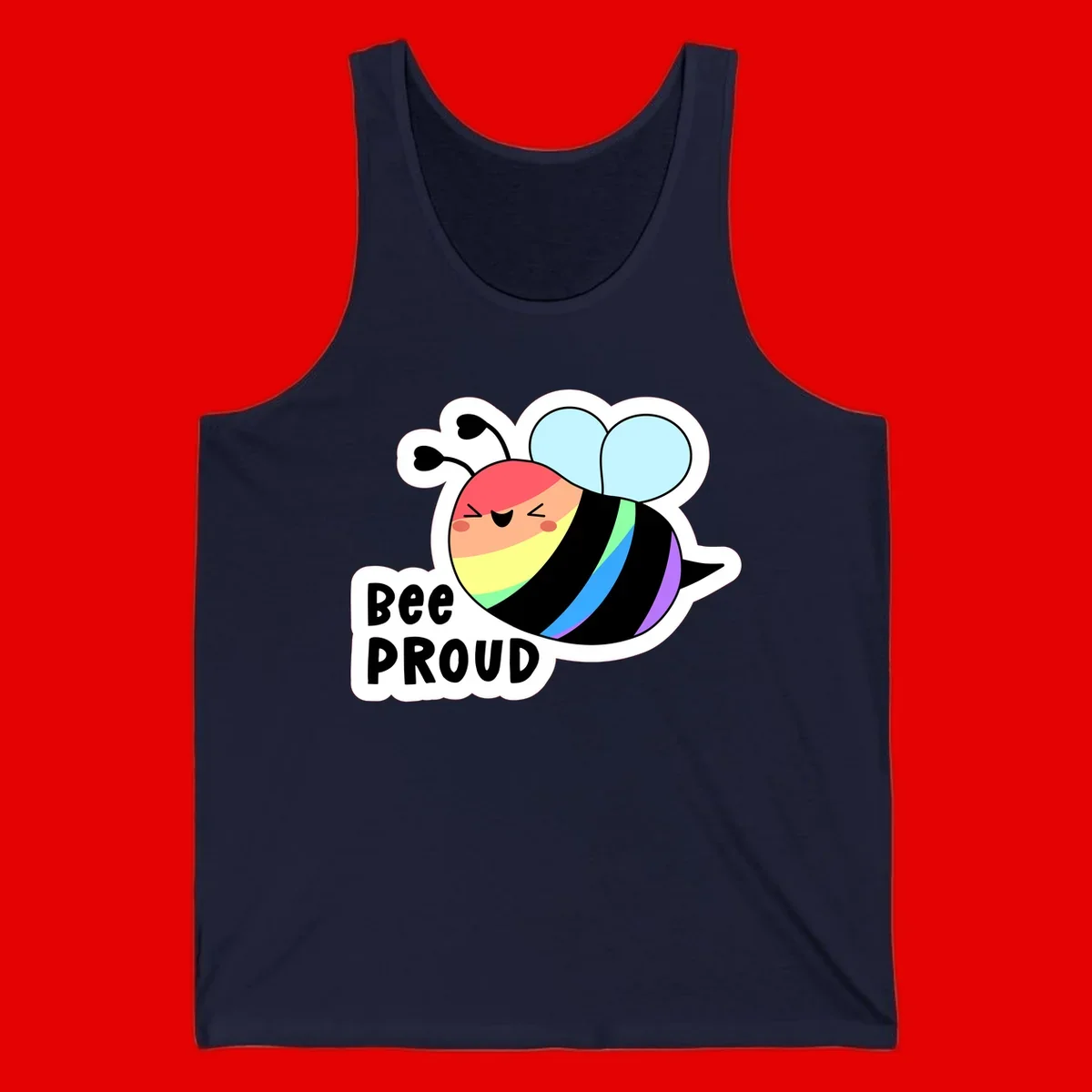 Cartoon bee with rainbow stripes and 'Bee PROUD' text celebrating LGBTQ+ pride