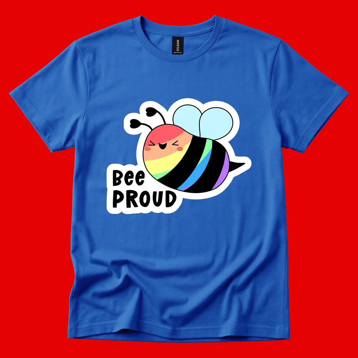 Cartoon bee with rainbow stripes and 'Bee PROUD' text celebrating LGBTQ+ pride