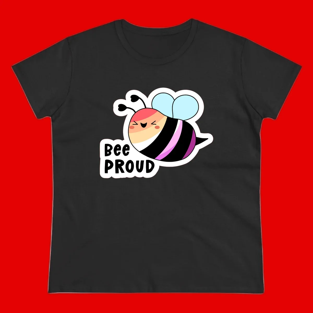 Cheerful cartoon bee with peach face and pink-striped body next to 'Bee Proud' text celebrating pride and individuality
