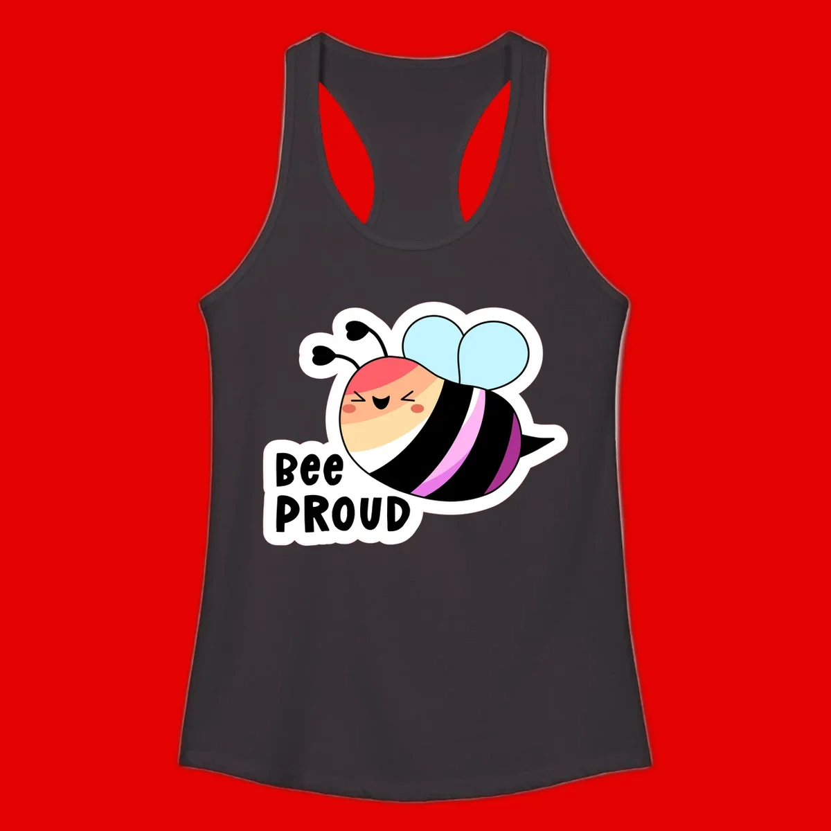 Cheerful cartoon bee with peach face and pink-striped body next to 'Bee Proud' text celebrating pride and individuality