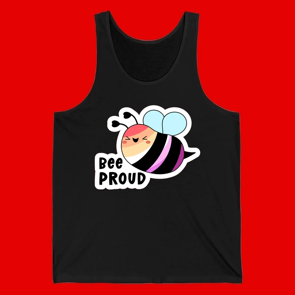 Cheerful cartoon bee with peach face and pink-striped body next to 'Bee Proud' text celebrating pride and individuality