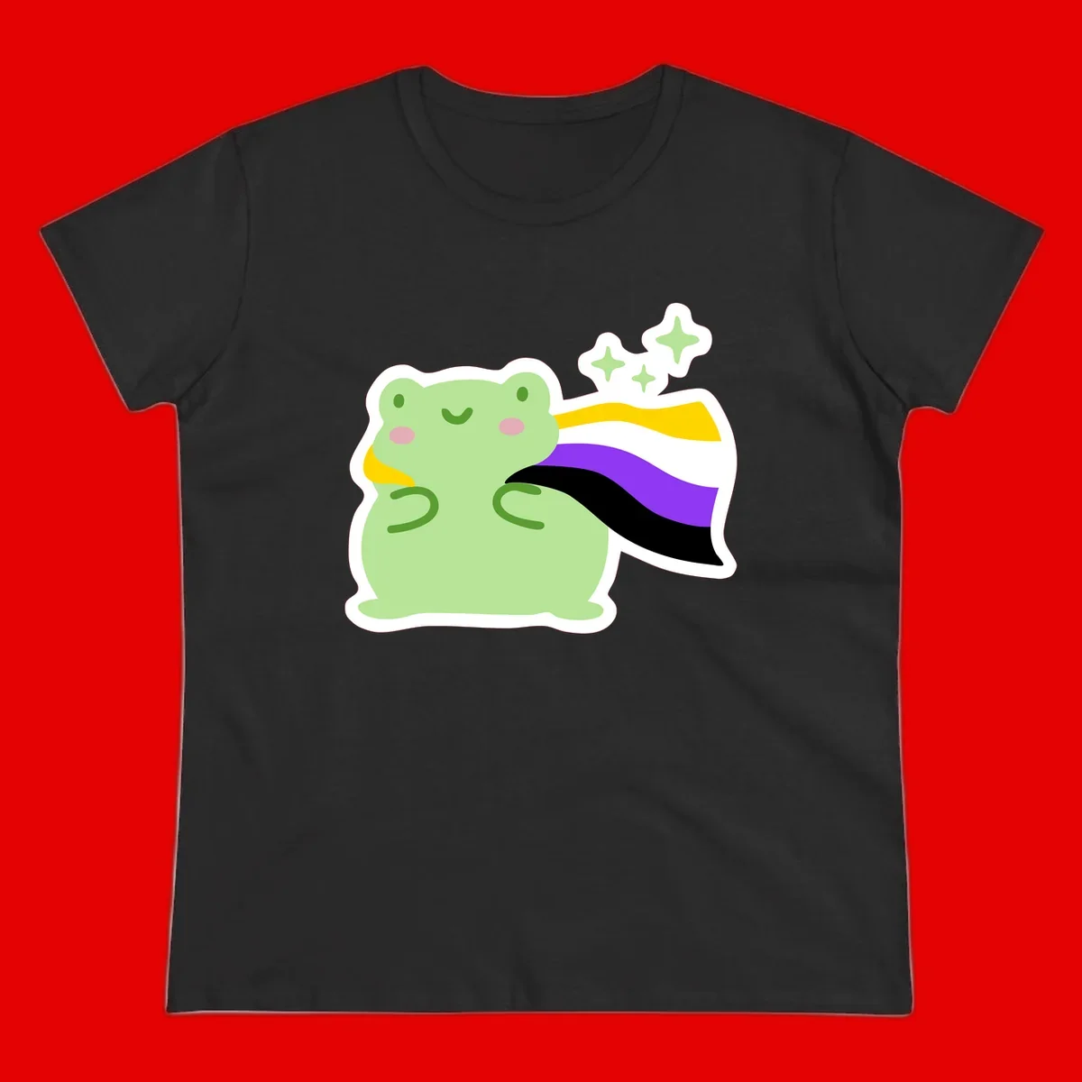 Cute green frog with pink cheeks wearing a yellow, purple, and black rainbow cape with floating sparkle stars