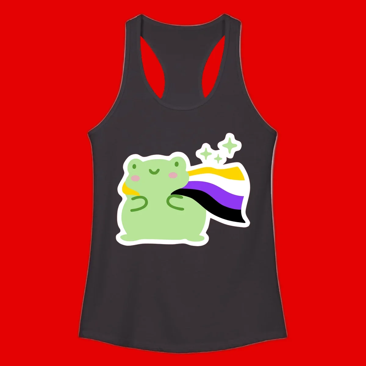 Cute green frog with pink cheeks wearing a yellow, purple, and black rainbow cape with floating sparkle stars