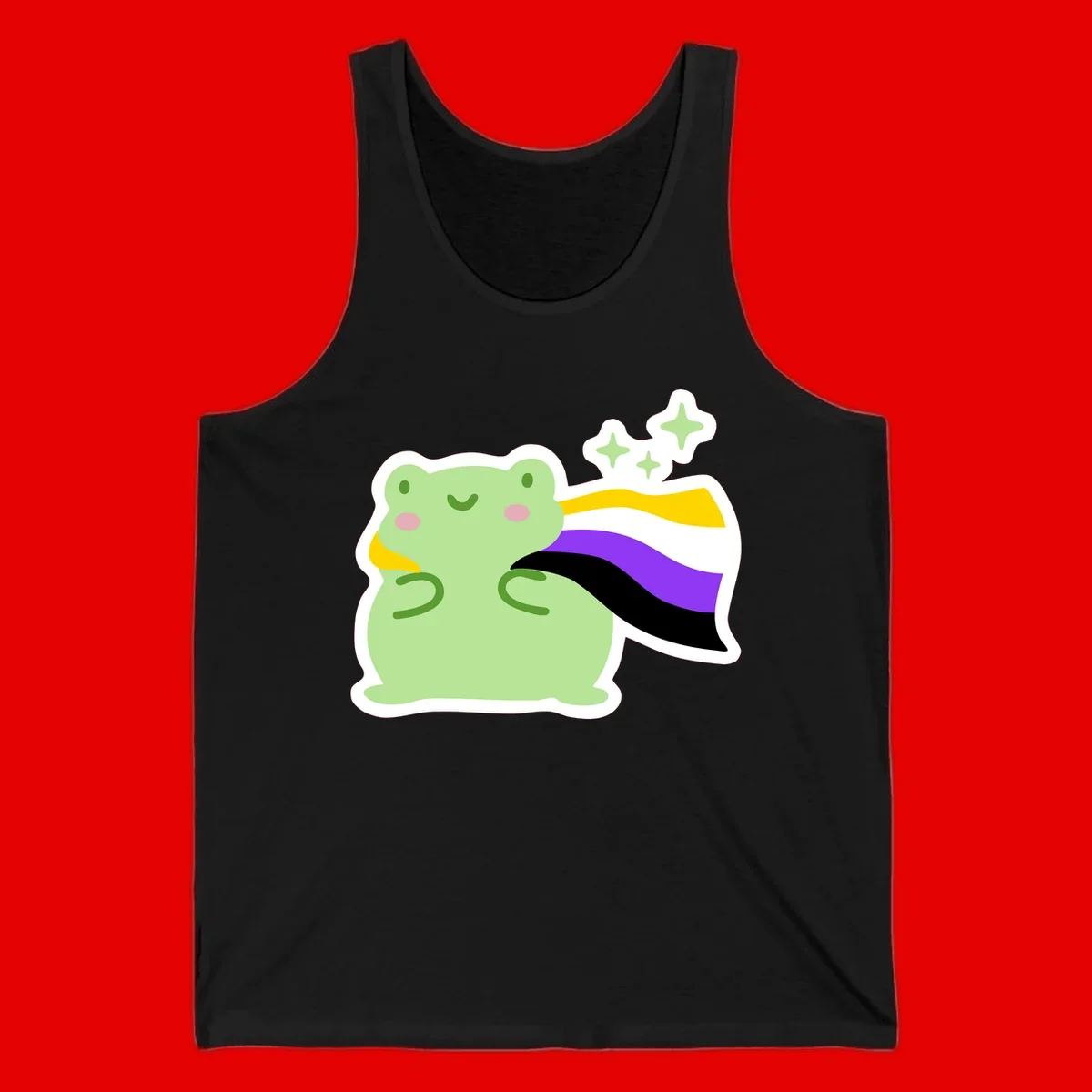 Cute green frog with pink cheeks wearing a yellow, purple, and black rainbow cape with floating sparkle stars