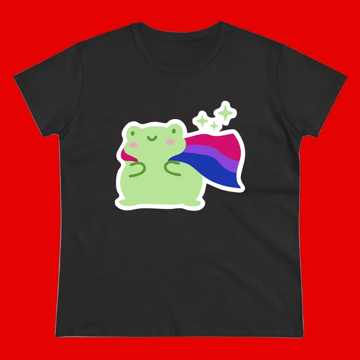 Smiling green frog wearing a flowing rainbow cape with floating sparkles, pride-frog-cape design illustration