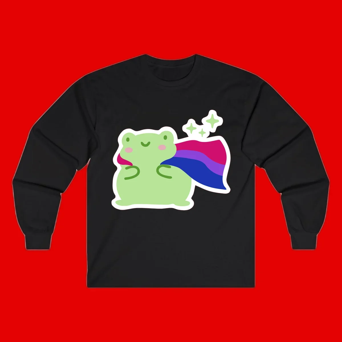Smiling green frog wearing a flowing rainbow cape with floating sparkles, pride-frog-cape design illustration