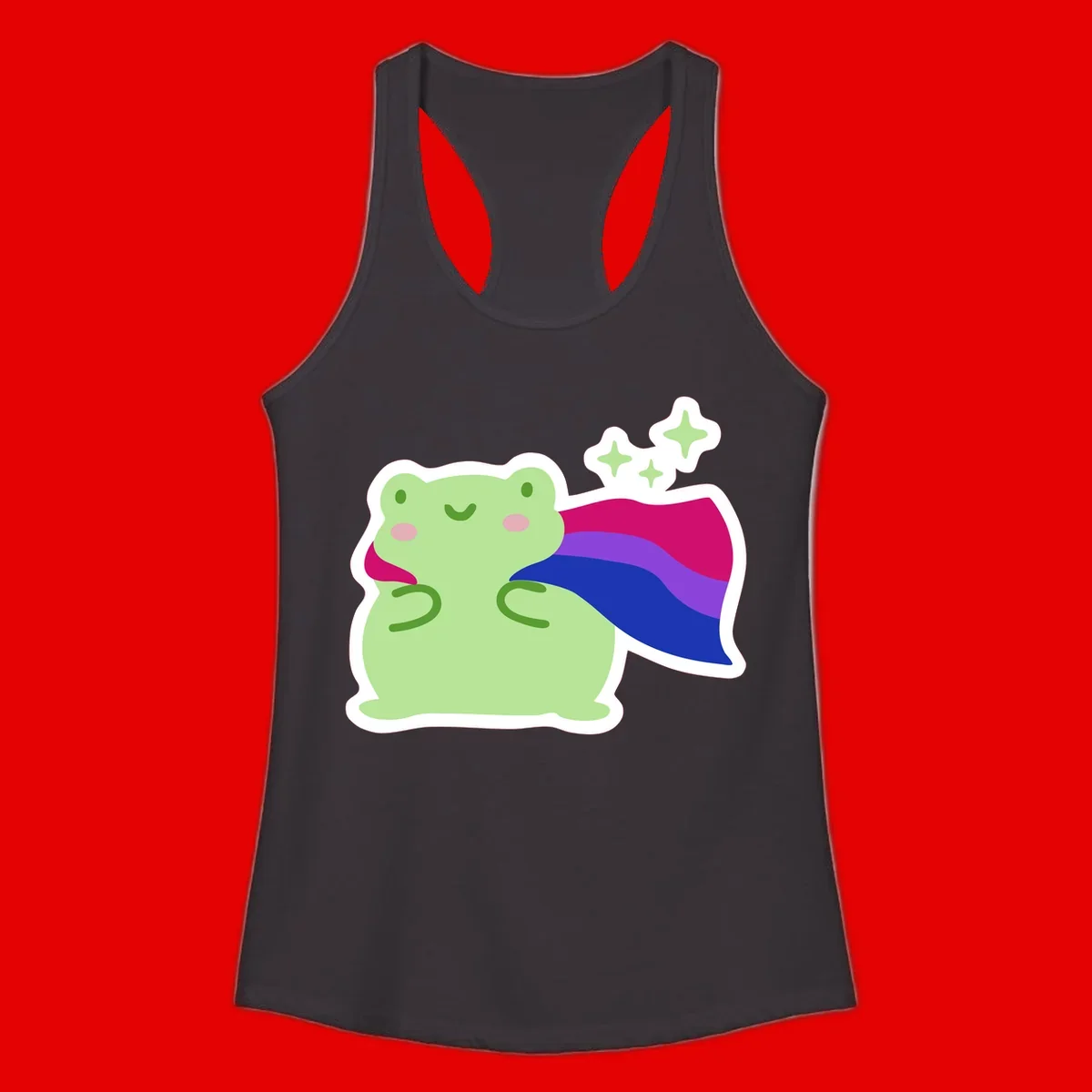 Smiling green frog wearing a flowing rainbow cape with floating sparkles, pride-frog-cape design illustration
