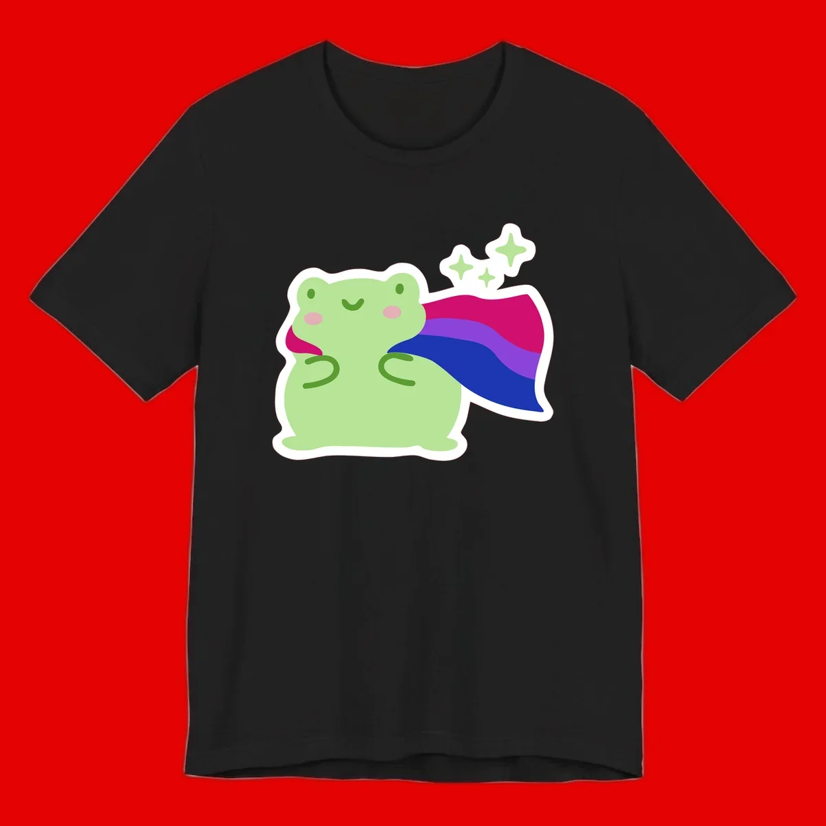 Smiling green frog wearing a flowing rainbow cape with floating sparkles, pride-frog-cape design illustration