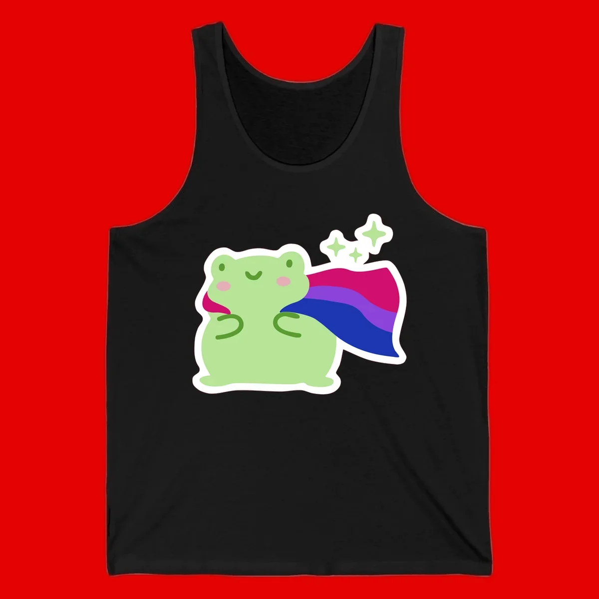 Smiling green frog wearing a flowing rainbow cape with floating sparkles, pride-frog-cape design illustration