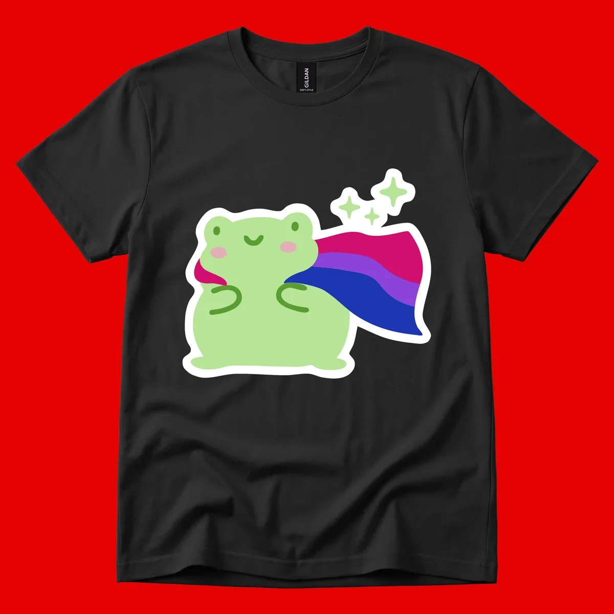 Smiling green frog wearing a flowing rainbow cape with floating sparkles, pride-frog-cape design illustration