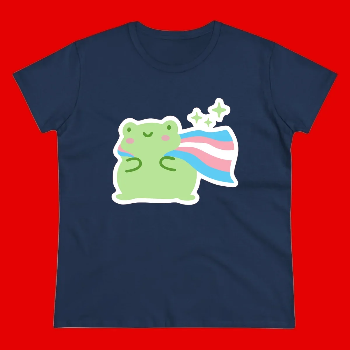 Cheerful green frog with sparkles wearing a magical pink and blue striped cape