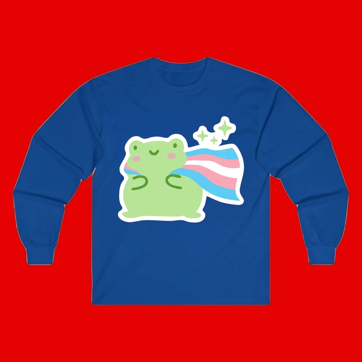 Cheerful green frog with sparkles wearing a magical pink and blue striped cape