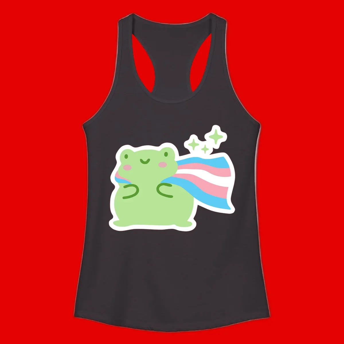 Cheerful green frog with sparkles wearing a magical pink and blue striped cape