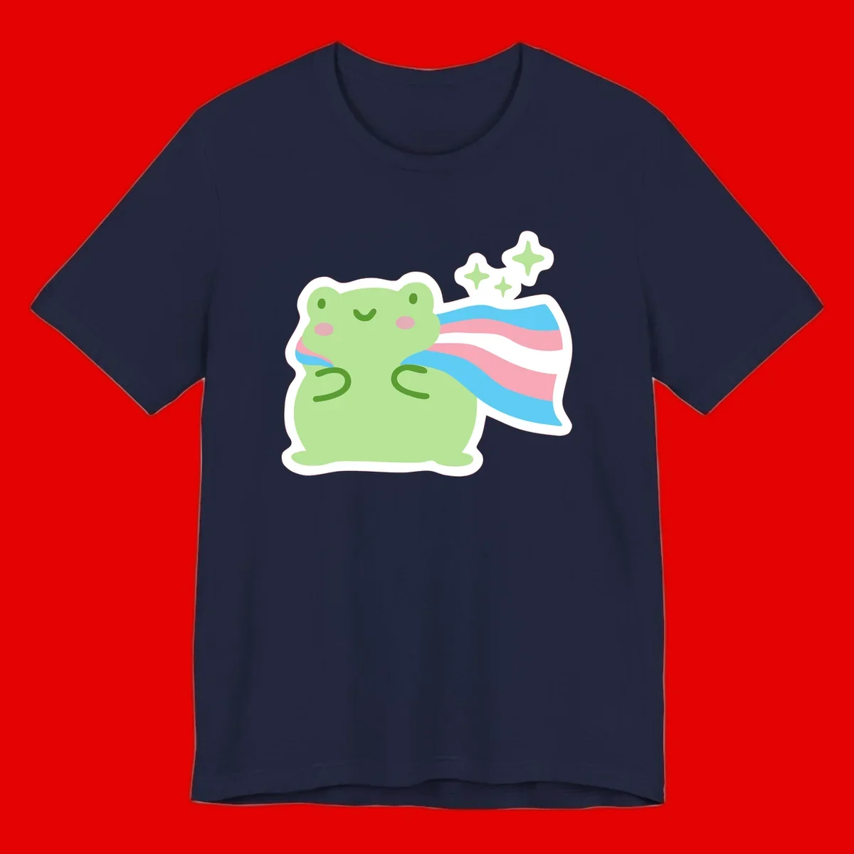 Cheerful green frog with sparkles wearing a magical pink and blue striped cape