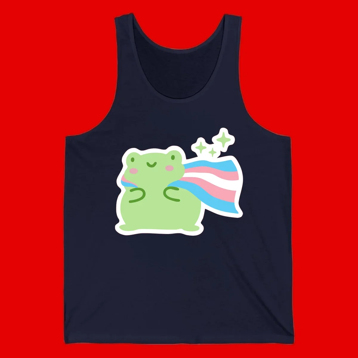 Cheerful green frog with sparkles wearing a magical pink and blue striped cape