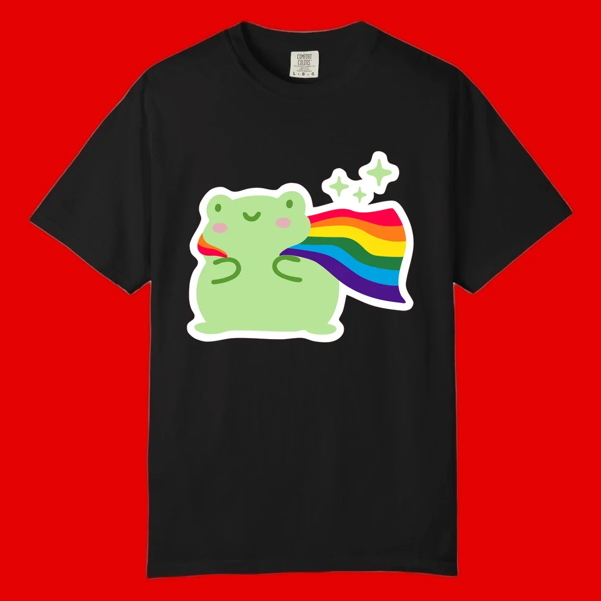 Cute green frog character holding a rainbow pride flag with sparkle stars, celebrating pride and inclusivity