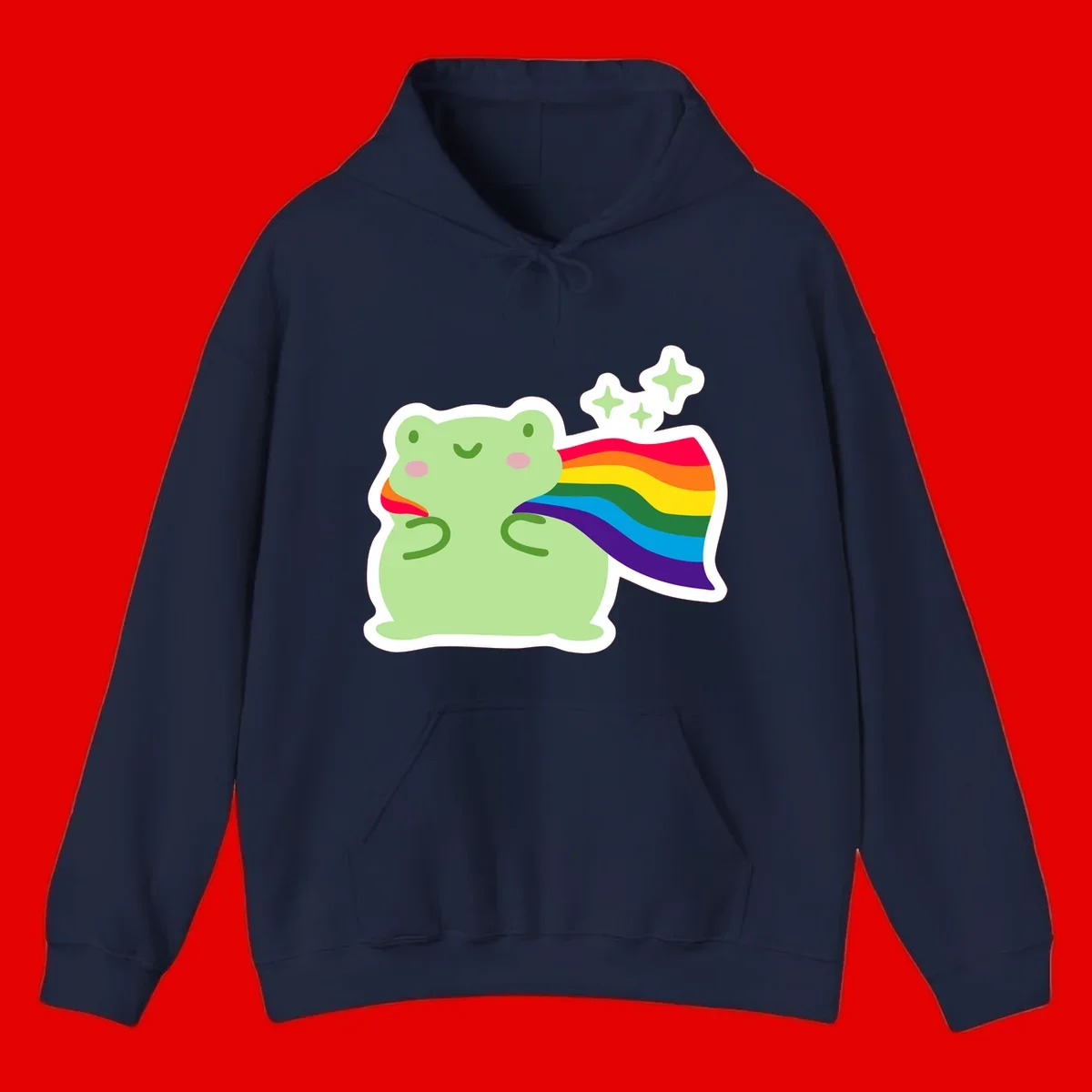Cute green frog character holding a rainbow pride flag with sparkle stars, celebrating pride and inclusivity