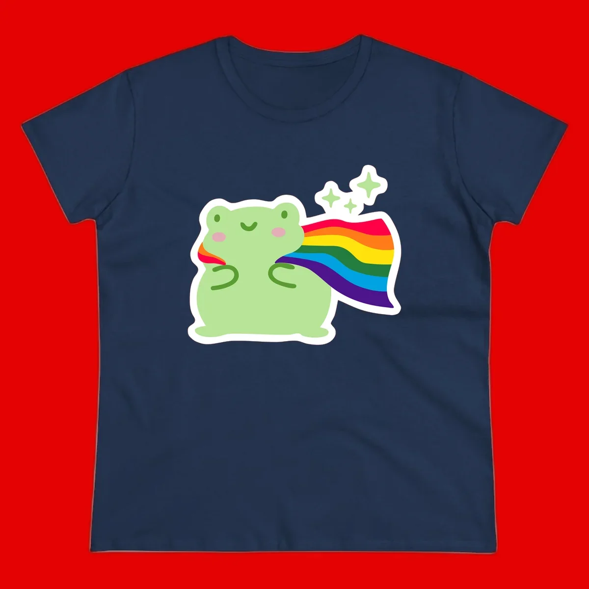 Cute green frog character holding a rainbow pride flag with sparkle stars, celebrating pride and inclusivity
