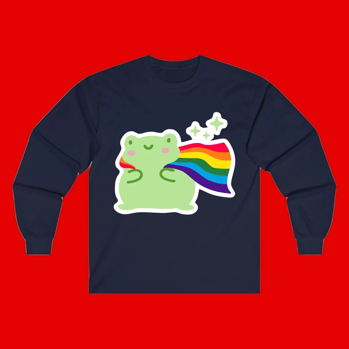 Cute green frog character holding a rainbow pride flag with sparkle stars, celebrating pride and inclusivity