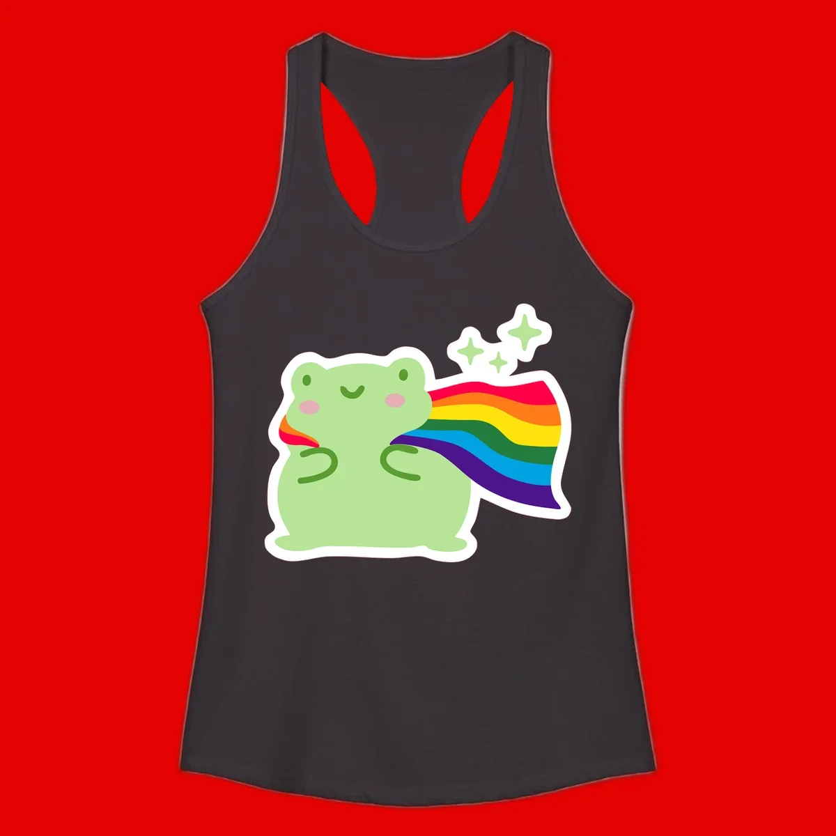 Cute green frog character holding a rainbow pride flag with sparkle stars, celebrating pride and inclusivity